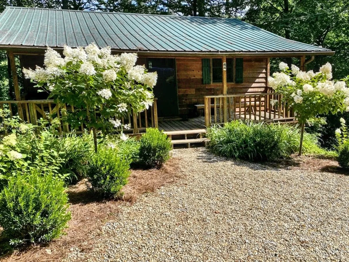 A wooden cabin is nestled among floral trees, with a gravel pathway leading to a charming porch. The scene exudes tranquility, highlighting the seamless blend of architecture with natural surroundings. The porch suggests opportunities for outdoor relaxation, coffee at sunrise, or stargazing.